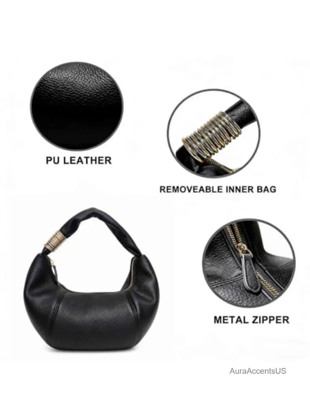 Vegan Leather Hobo Bag Crescent Underarm Shoulder Bag PU Leather Handbag Metal